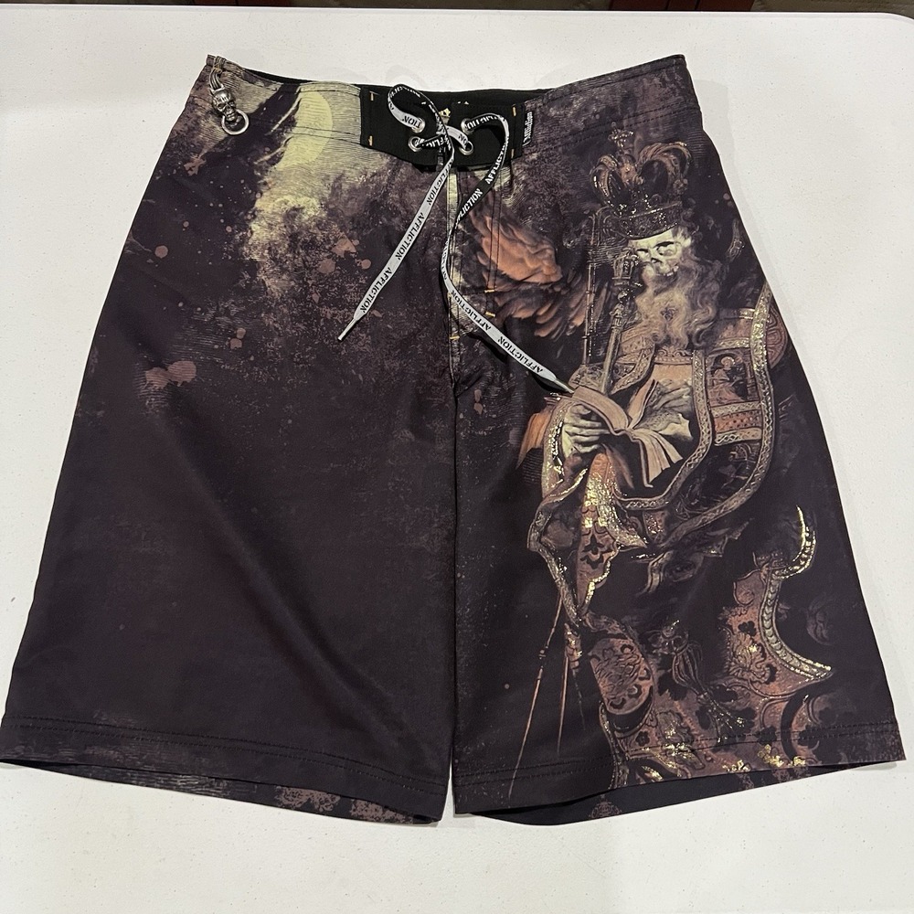 Affliction Board Shorts Sz 33 AOP Skull Gothic Y2K MMA Swim Trunks Skull Grunge